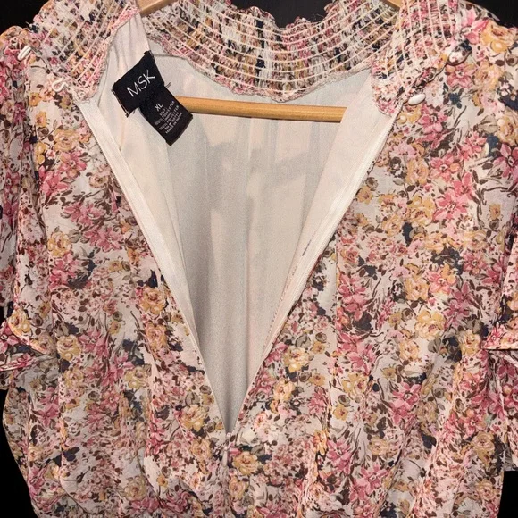 MSK Pink Multi Floral Ruffle Sleeve Wide Leg Jumpsuit Size XL Elastic Waist - Picture 9 of 10